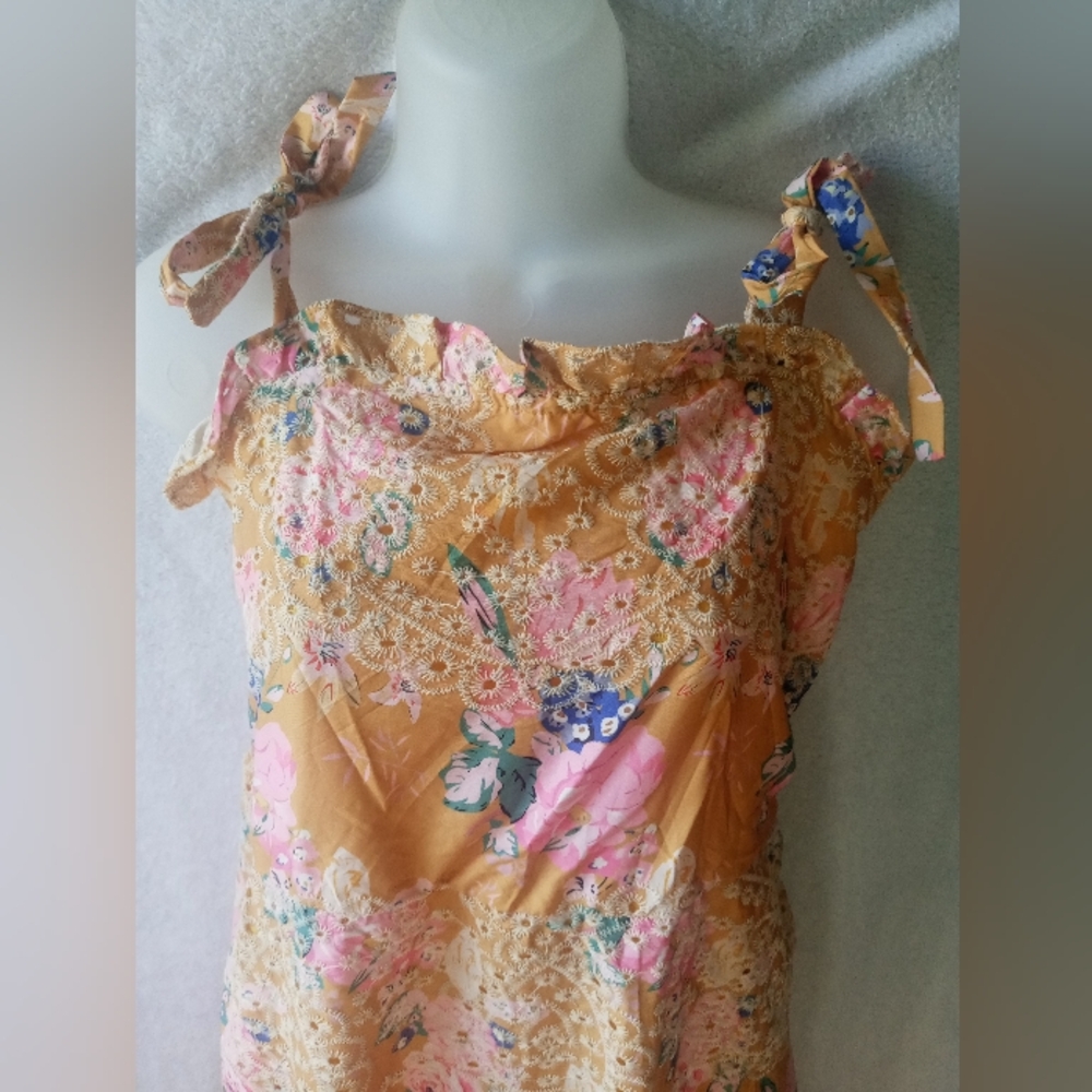 Floral Tie-Shoulder Sundress in Mustard and Pink
